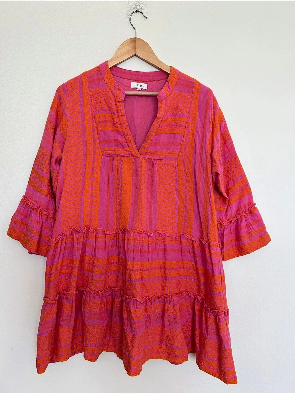 THML Tiered Pattern Dress Mini Dress Pink & Orange Size Large